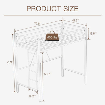 Lit mezzanine double, lit double multifonctionnel en métal avec protection de sécurité et échelle amovible, cadre de lit peu encombrant pour petite chambre