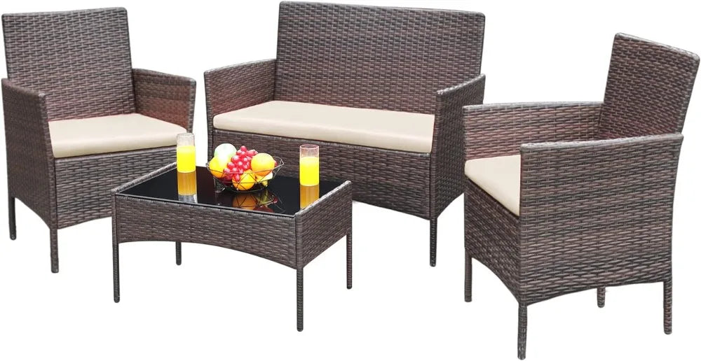 Muebles de patio, 4 piezas, conjuntos de conversación, sillas de ratán de mimbre para exteriores, jardín, patio, balcón, porche, sofá de dos plazas junto a la piscina con