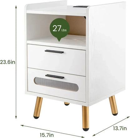 Night Stand with 2 Drawers, End Table with USB/Type-C Ports and Outlets, Modern High Gloss Nightstand for Bedroom