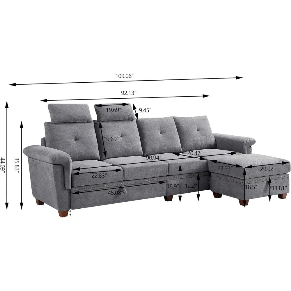 Convertible Sectional Sofa with Storage,4 Seat L Shaped Couch with Chaise and Cup Holder,Modern Microfiber Fabric Sofas Couches