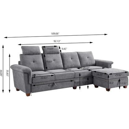 Convertible Sectional Sofa with Storage,4 Seat L Shaped Couch with Chaise and Cup Holder,Modern Microfiber Fabric Sofas Couches