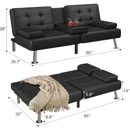 Convertible Folding Futon Sofa Bed Sleeper Couch for Living Room Faux Leather Upholstered Loveseat w/Removable Armrests