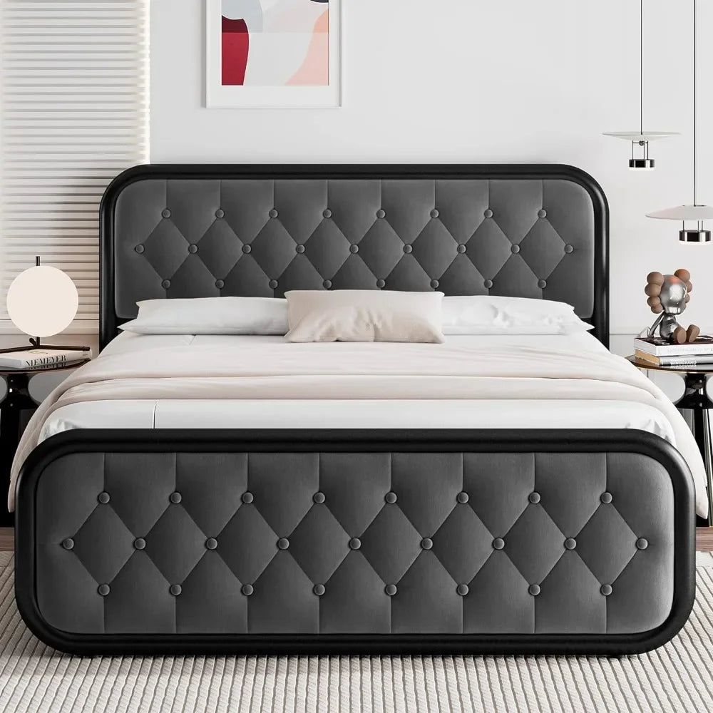 Metal Bed Frame, Button Tufted Headboard, Heavy Duty Platform Bed Frame, Thickened Metal Steel Slat Support