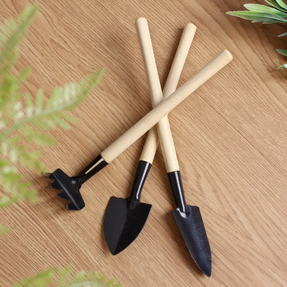 Lot de 3 mini outils de jardinage en pot avec manche en bois, pelle, râteau, pelle, outils multifonctionnels pour plantes domestiques, bonsaï