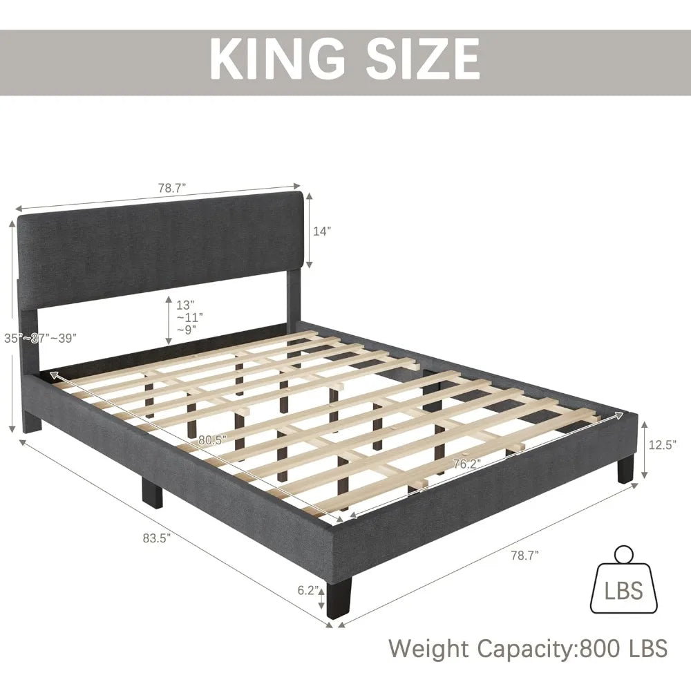 Cadre de lit king size avec tête de lit réglable, plate-forme rembourrée, tête de lit en tissu de lin, support à lattes en bois, cadre de lit gris