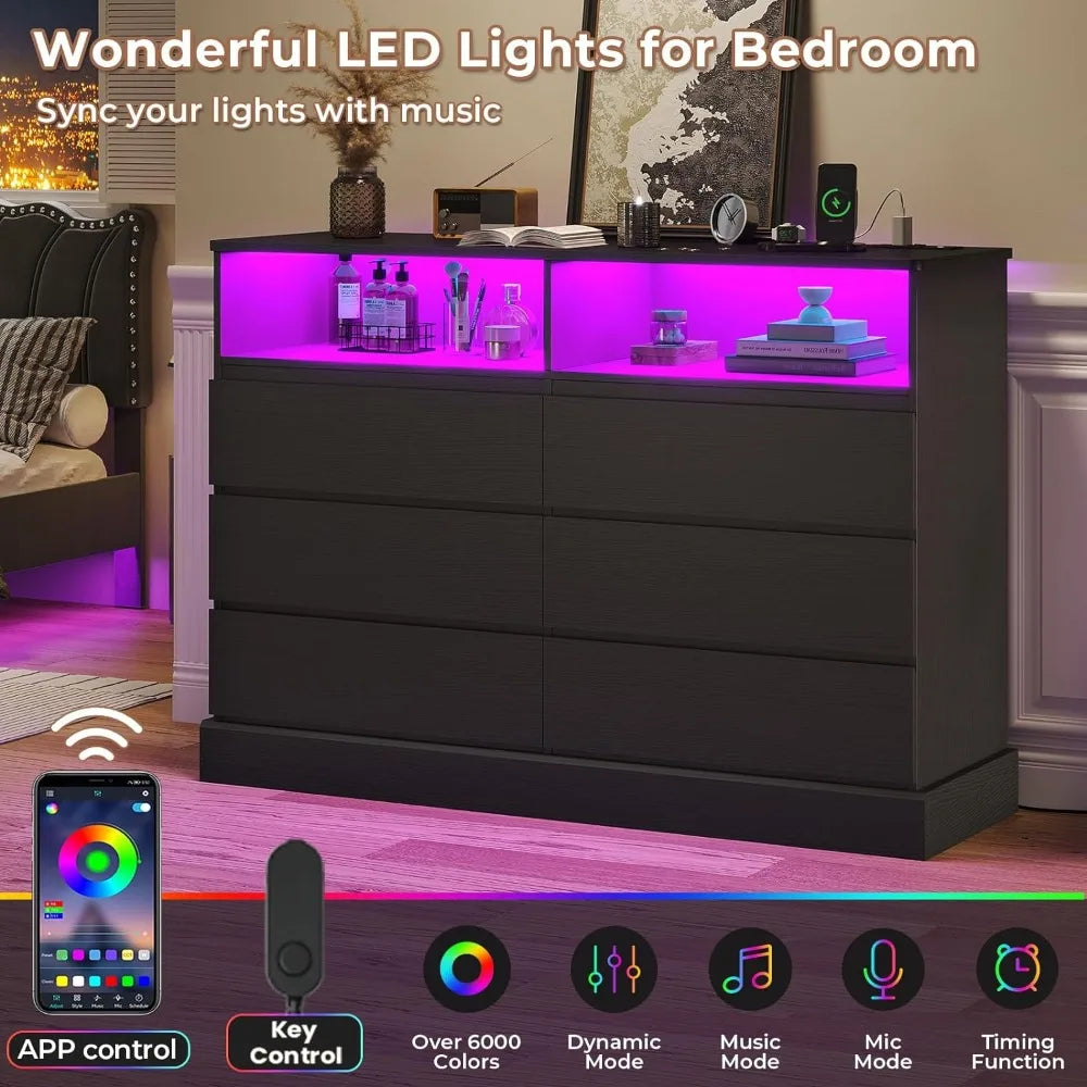 Cómoda negra con luces LED y estación de carga, cómoda de 51,2" de largo, cómoda moderna de 6 cajones para dormitorio y sala de estar