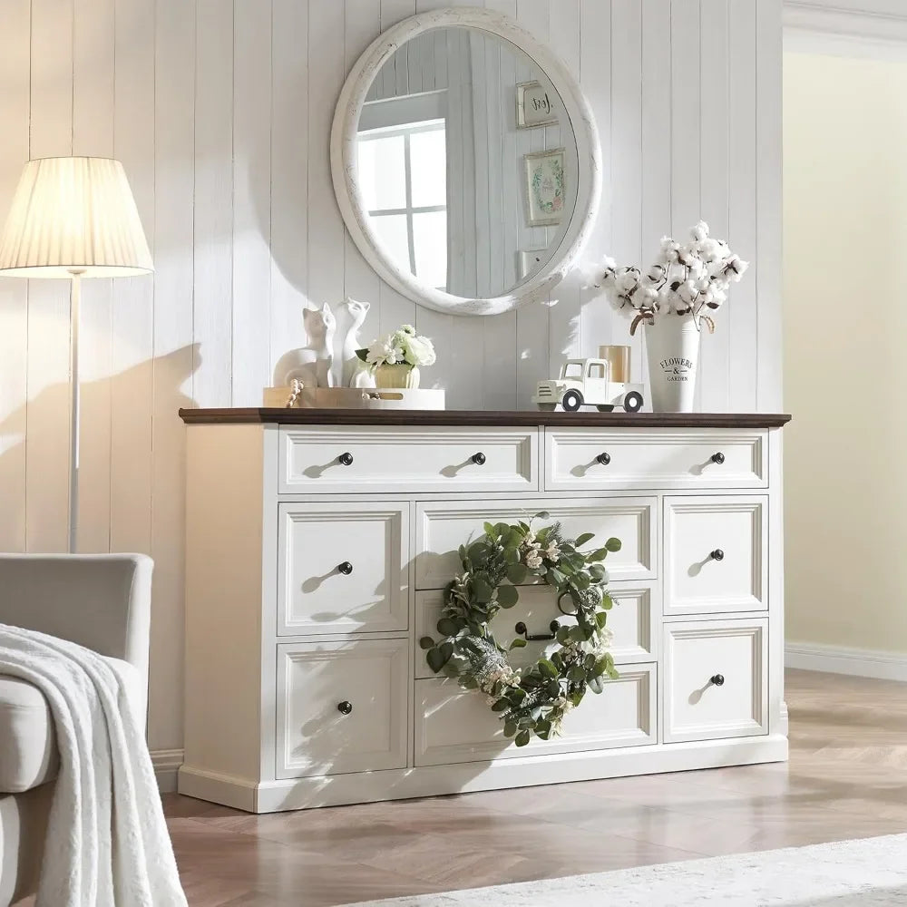 Commode à 9 tiroirs pour chambre à coucher, commode rustique en bois de 60 po de large, grande commode de rangement pour chambre à coucher, blanc