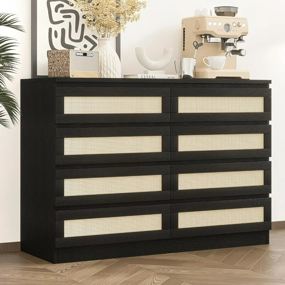 8 Drawer Double Dresser for Bedroom, Rattan Chest of Dressers, Minimalist Modern Wooden Dresser Chest, Easy Assembly, Black