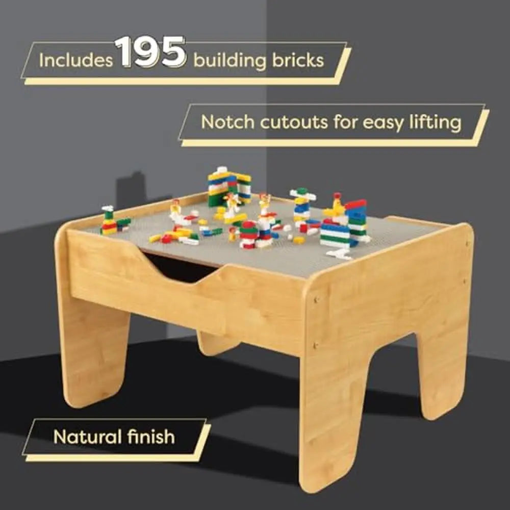 Interactive Wooden Activity Table with 195 Building Bricks and Hidden Storage Gray & Natural Theme