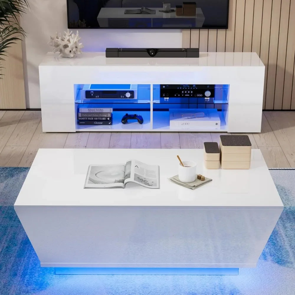 High Gloss Coffee Table with LED, Modern Center Table with 2 LargDrawers for Living Room, White, 47.2" W x 23.6" D x 13.4" H