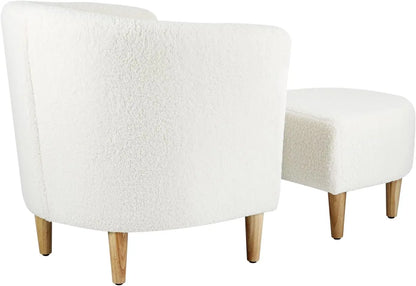 Fauteuil d'appoint, chaise Sherpa, canapé tonneau blanc moelleux en peluche avec repose-pieds ottoman, ensemble de salon confortable, ensemble de 1/2