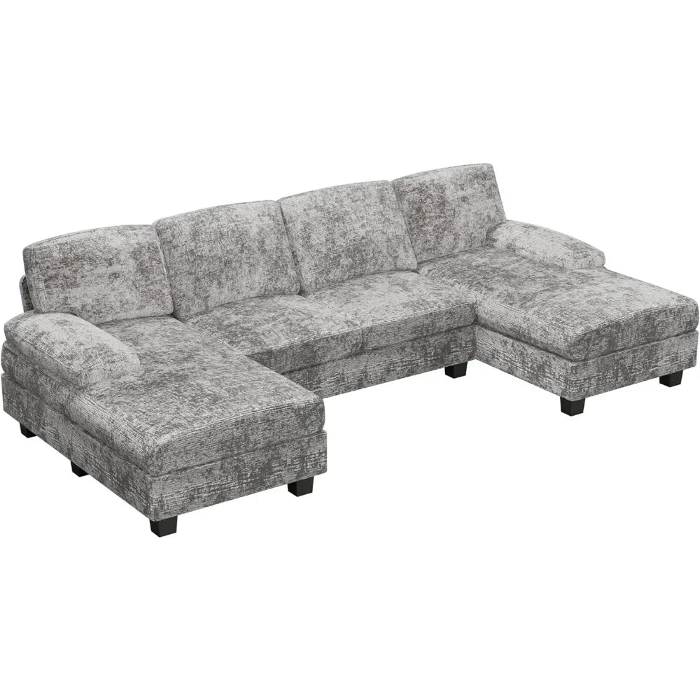 Grey Couch Convertible Sectional Sofa Couch,4 Seat Sofa Set U-Shaped Fabric Modular Sleeper with Double Chaise Memory Foam