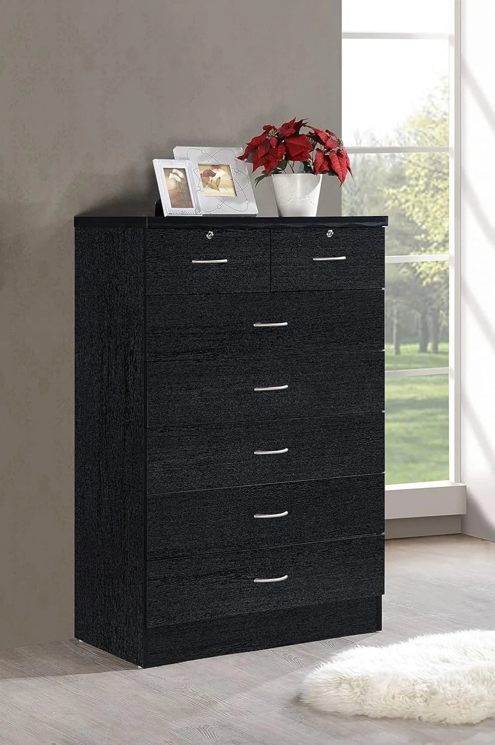 Commode en bois à 7 tiroirs pour chambre à coucher, commode de 31,5 pouces de large, avec 2 serrures sur les tiroirs supérieurs, organisation de rangement