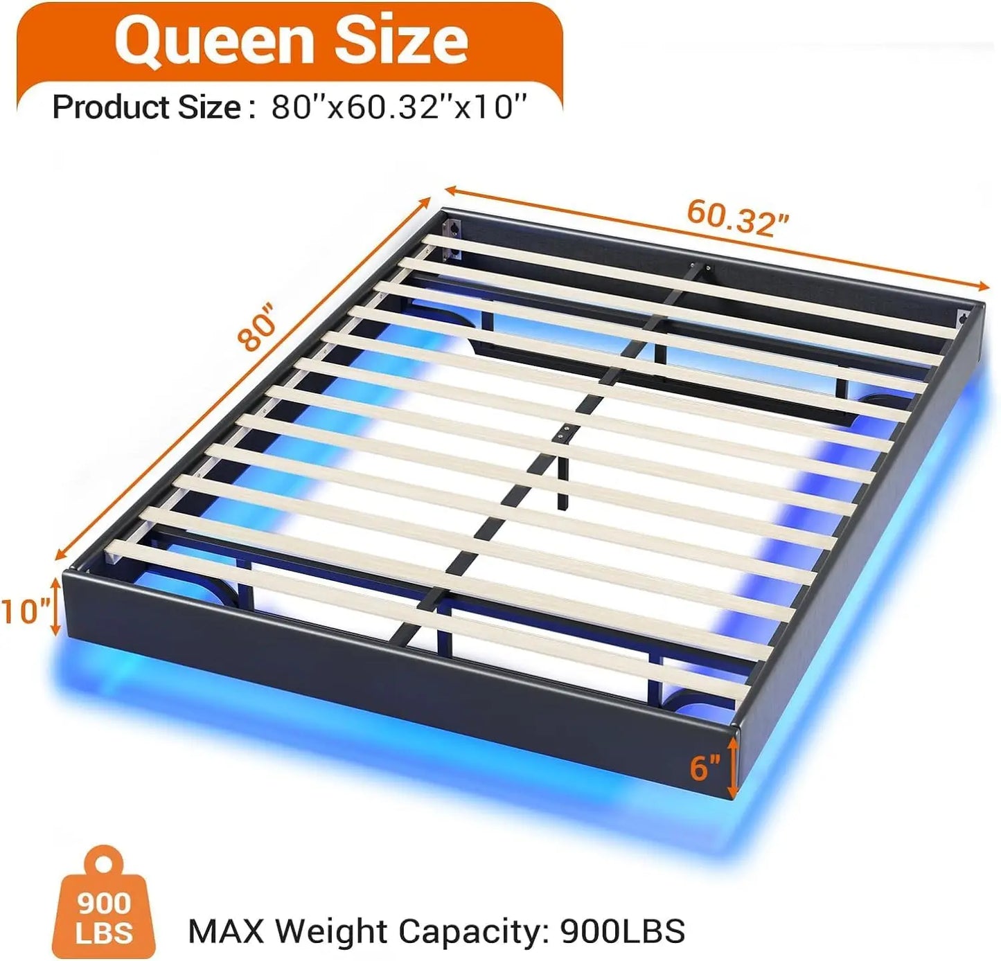 Cadre de lit flottant Queen Size Cadre de lit Queen flottant avec lumières LED Cadre de lit plateforme Queen moderne à LED avec lattes en bois massif