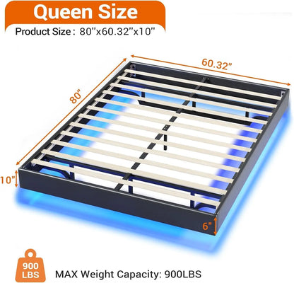 Floating Bed Frame Queen Size Floating Queen Bed Frame with LED Lights Modern LED Queen Platform Bed Frame with Solid Wood Slats