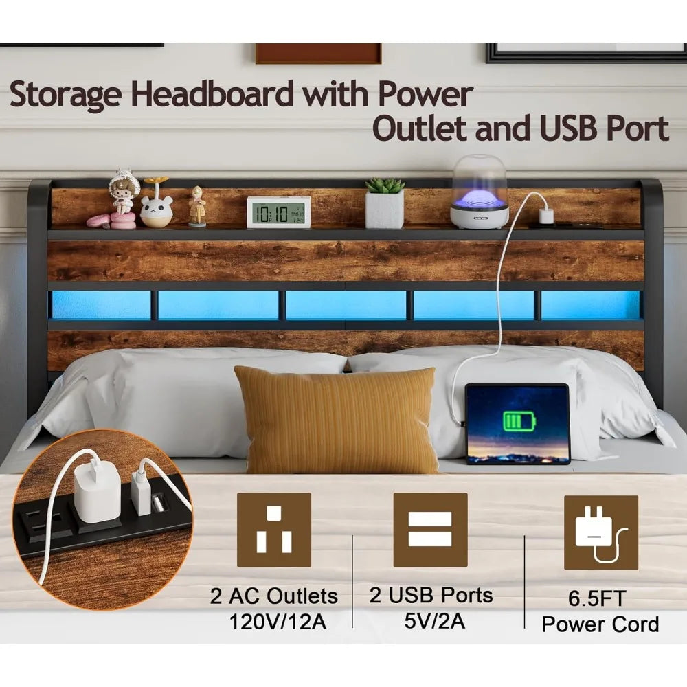 Queen Size Headboard with Storage Shelf and LED Light, USB Port and Charging Station, Sturdy Metal Frame & Wood Shelf