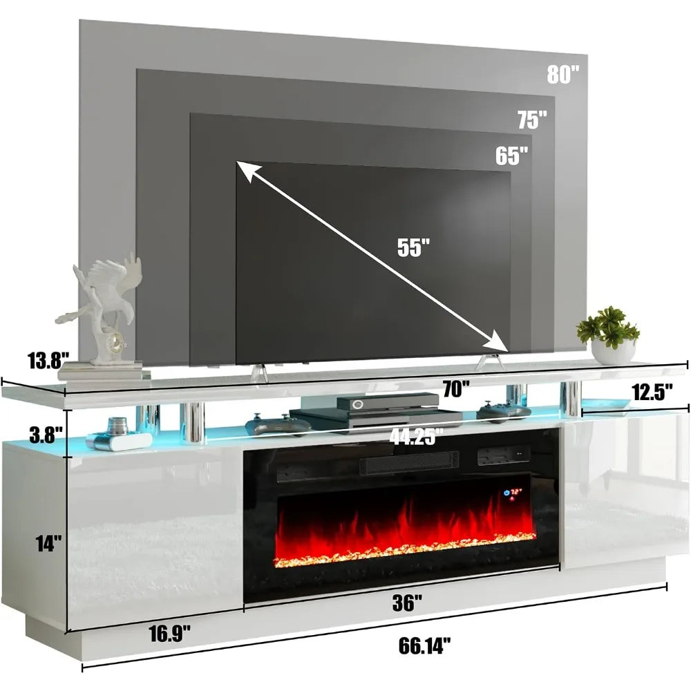 Mueble de TV con chimenea de 36", centro de entretenimiento con chimenea de 70" de alto brillo y luces LED, mueble de consola de TV de 2 niveles