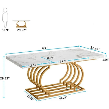 Mesa de comedor moderna, mesa de cocina de madera de imitación de mármol de 63 pulgadas para 6 personas, mesa de comedor rectangular con marco geométrico