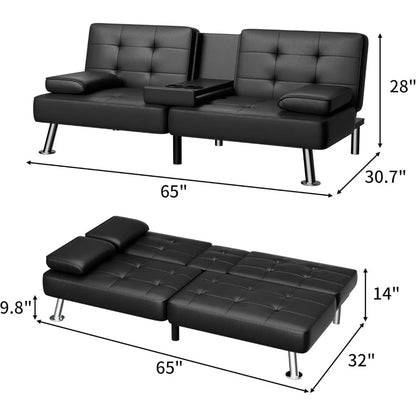 Canapé-lit futon, canapé-lit convertible moderne en similicuir pliable pour salon avec 2 porte-gobelets et accoudoirs souples amovibles