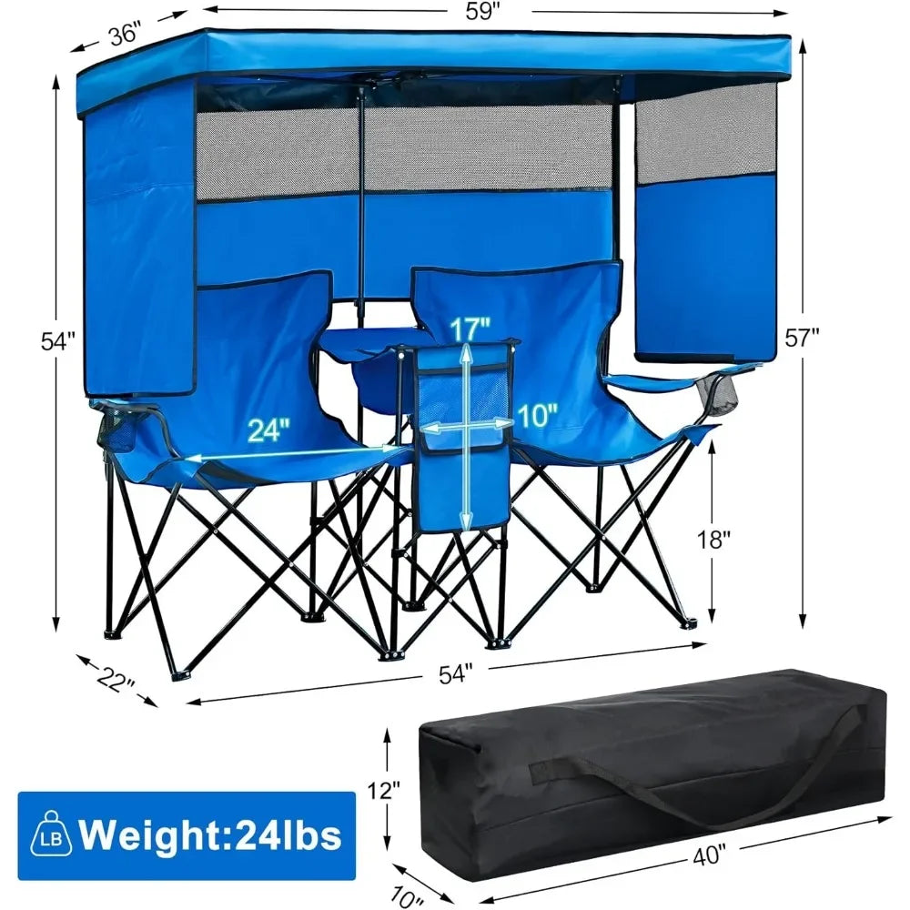 Double Camping Chair With Canopy Shade Beach Chairs With Cup Holder Heavy Duty Folding for Outside Lawn Patio Chaise De Plage