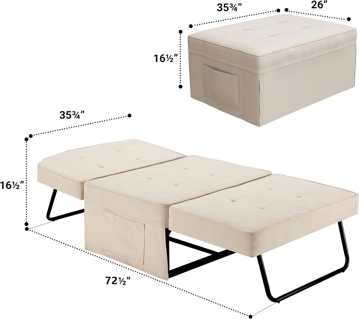 Canapé-lit, fauteuil-lit, canapé-lit, lit ottoman pliant multifonction 4 en 1 avec poche de rangement coulissante