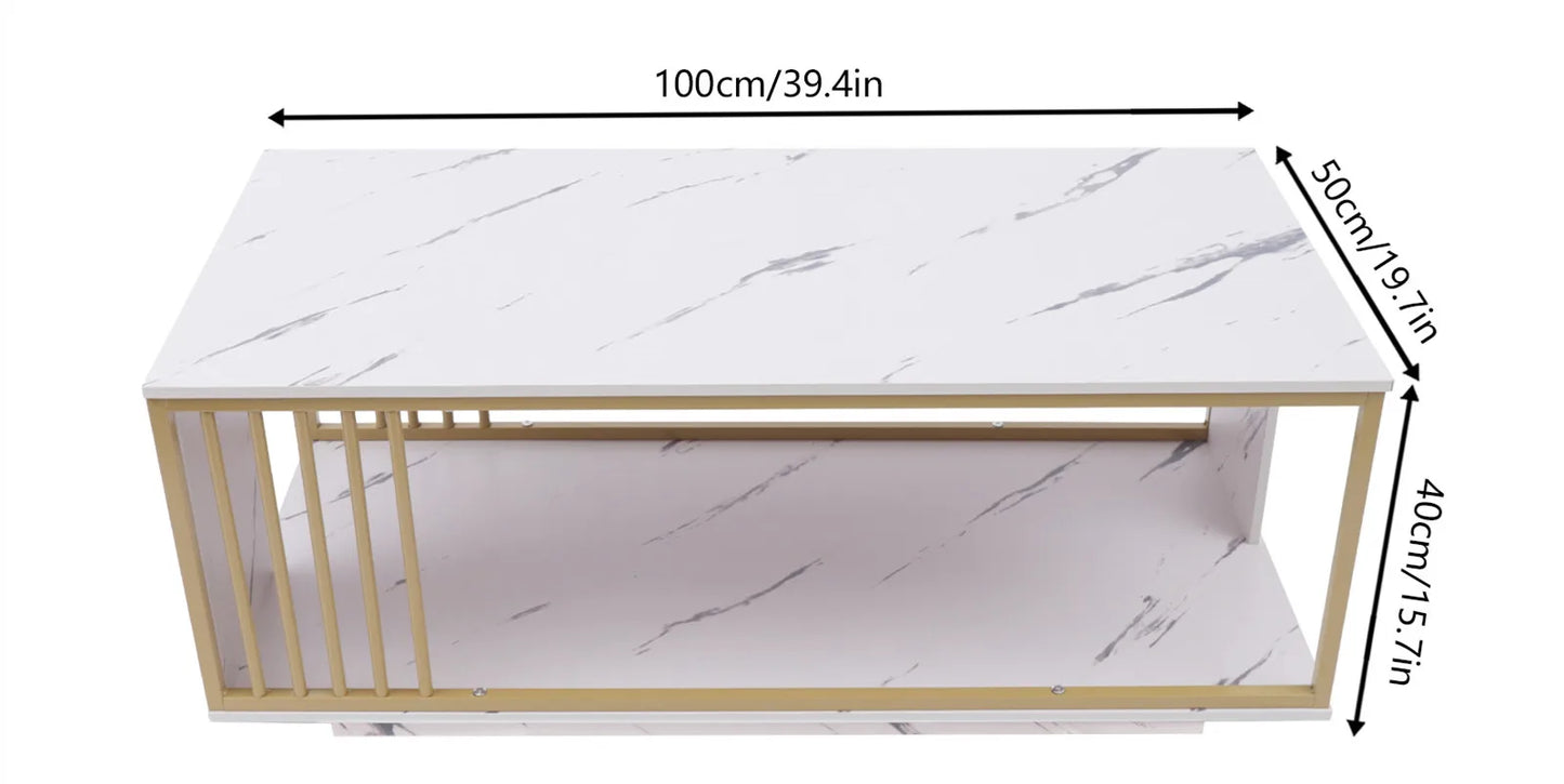 Modern 2-Tier White+Gold Coffee Table High Gloss Marble Veneer Rectangle Living Room Furniture, Waiting Area Table