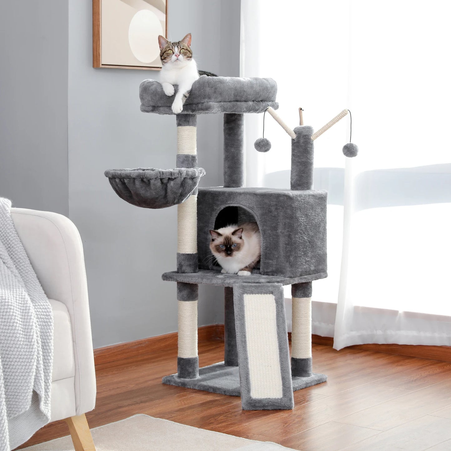 Cat Tree Tower Scratching Post Scratcher Cat House Kitten Toys with Big Conda Large High Perch Cat Hammock Hanging Balls