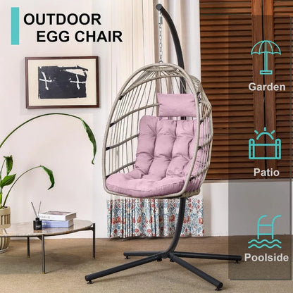 Hanging Egg Chair with Stand, Egg Swing Hammock Chair with Stand, Indoor Outdoor Wicker Egg Chair with Cushion Headrest,Swing