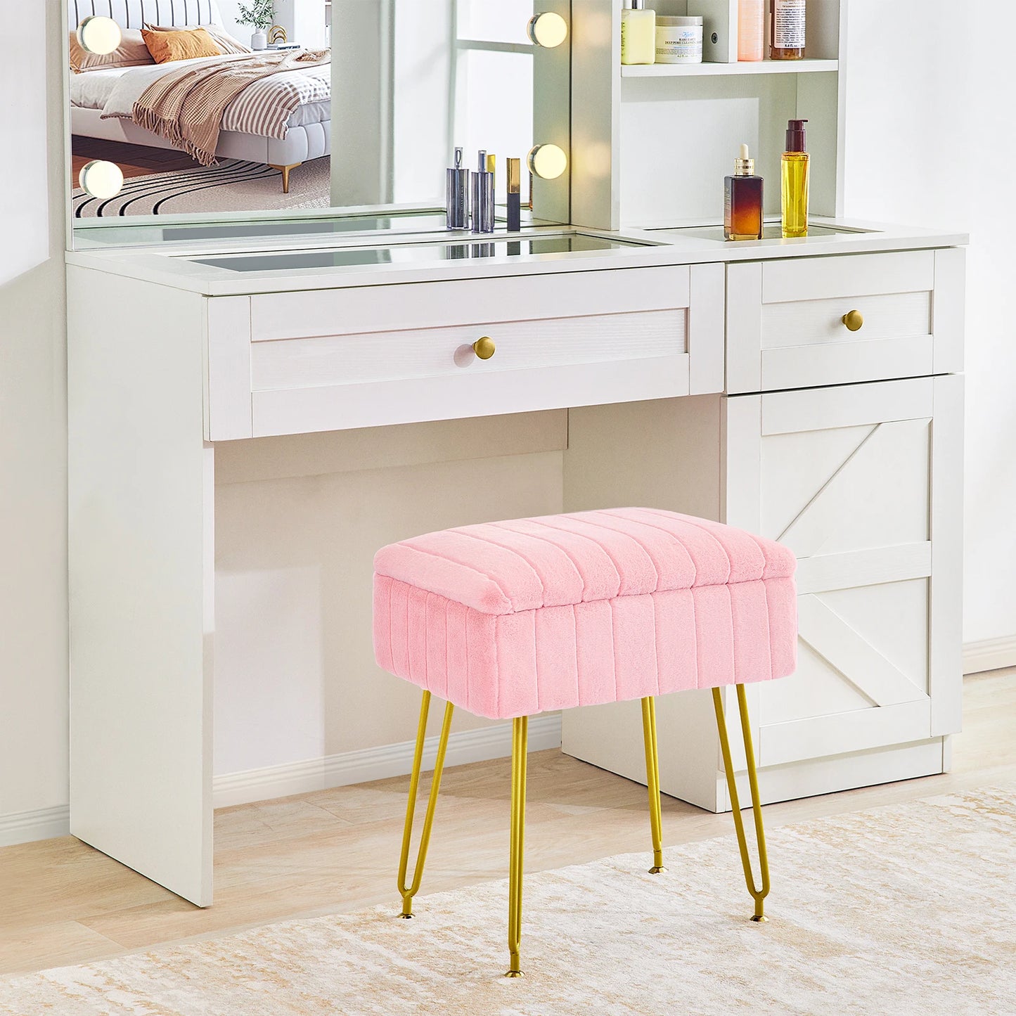 REDLIFE Vanity Stool Chair with Storage Faux Fur Makeup Ottoman, Dresser Furniture with Gold Metal Legs for Bedroom & Livingroom