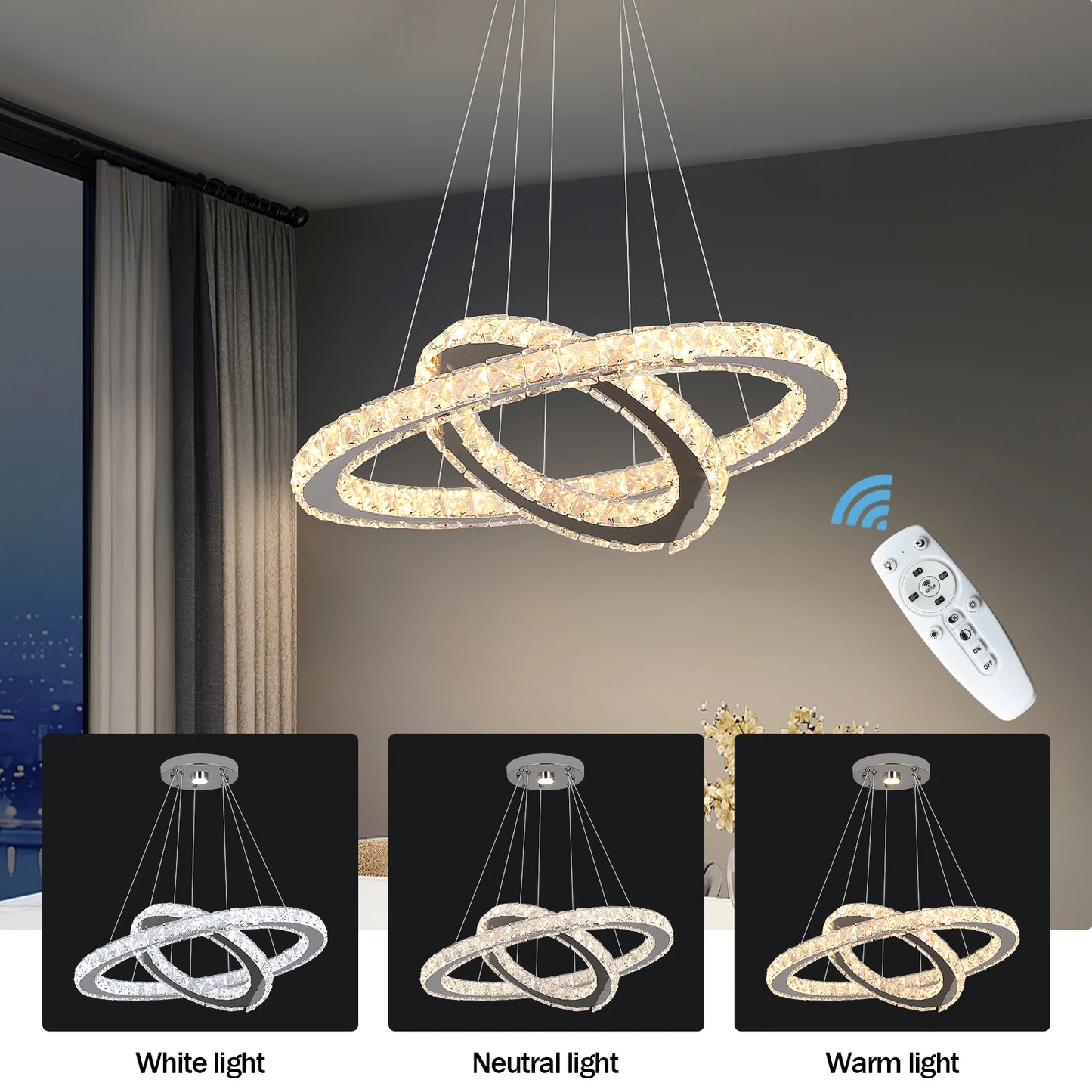 Modern Crystal Chandelier Lamp Chrome Led Living Room Dimming Pendant Light Bedroom Adjustable Hanging Lamps With Remote Control