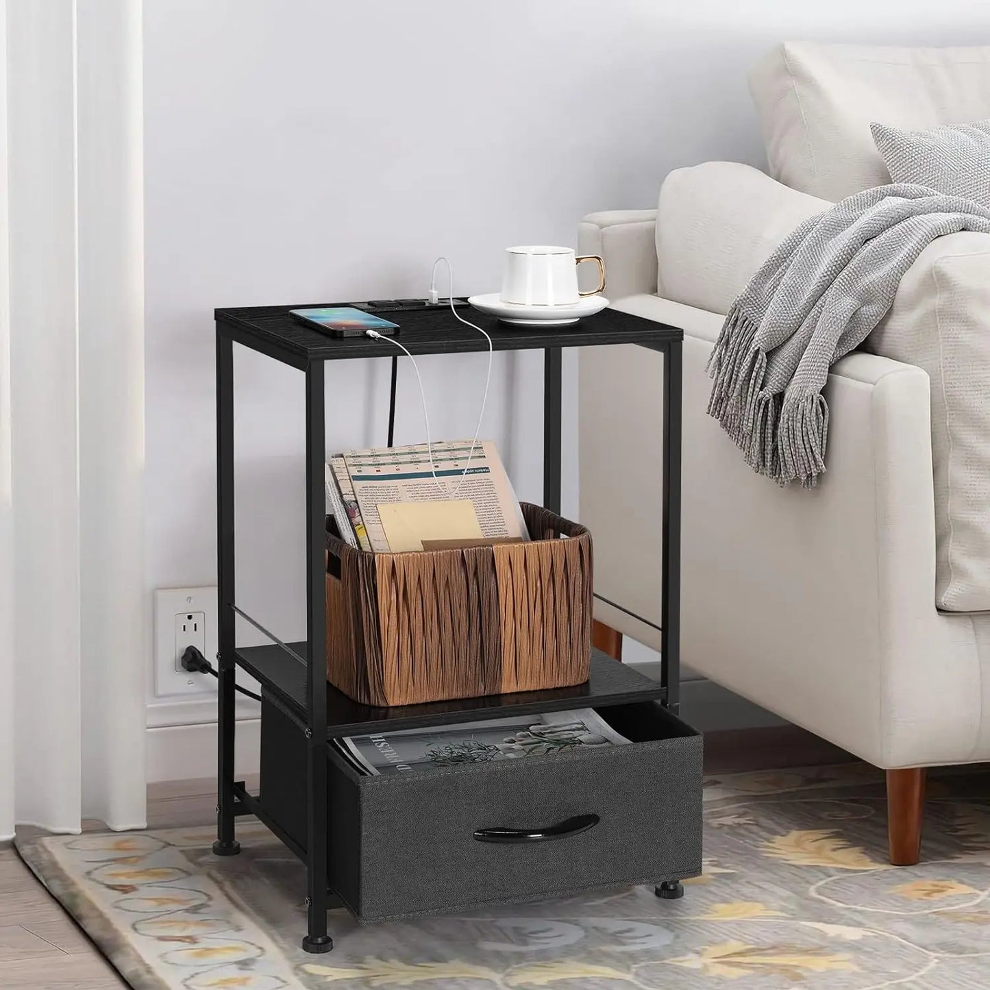 Nightstand with Charging Station Side End Table Fabric Sliding Storage Drawer Bedside Table