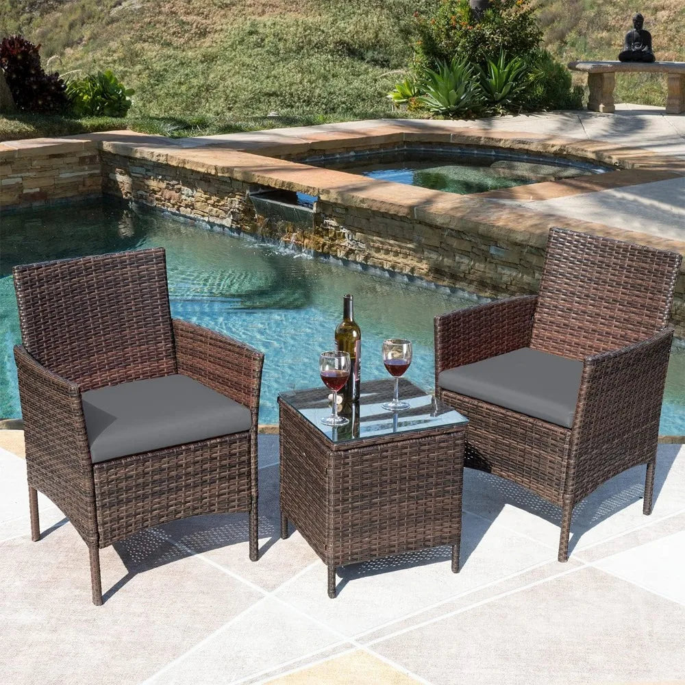 3 Pieces Patio Furniture PE Rattan Wicker Chair Conversation Set, 26.6x12.1x19.3 inches, Assemble Easily, Sturdy&Durable