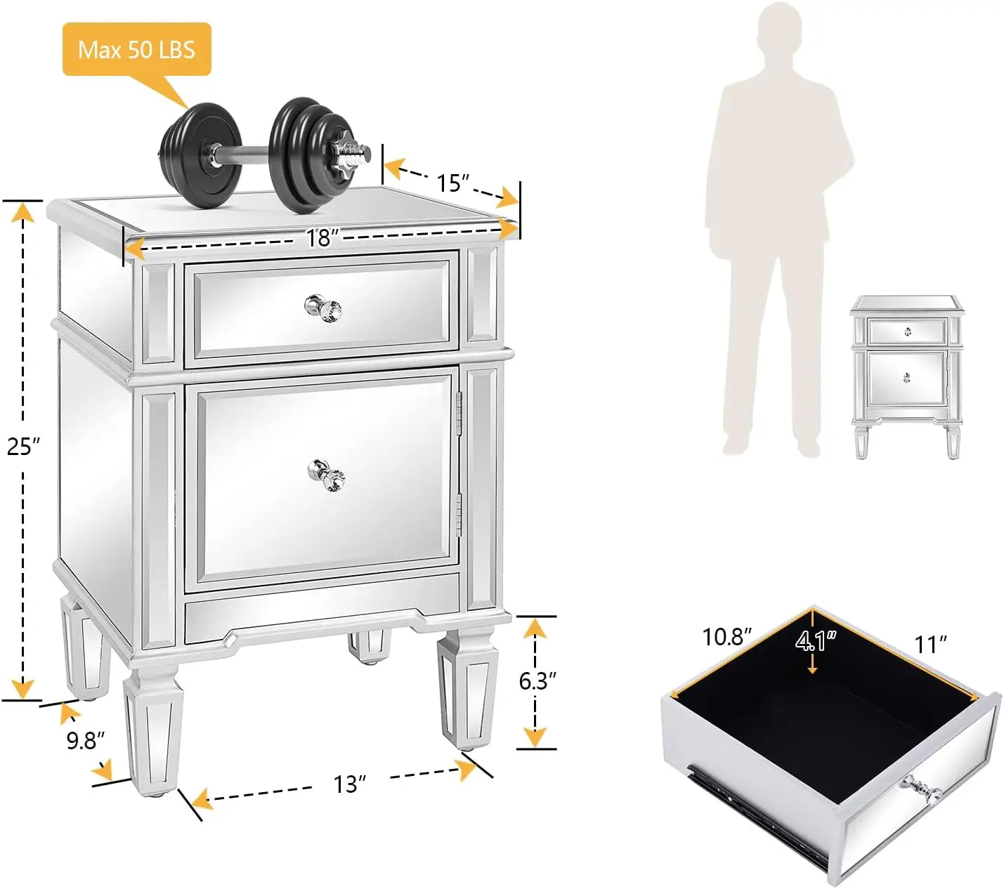 Juego de 2 mesitas de noche con espejo y mesa auxiliar de cristal con cajón para dormitorio