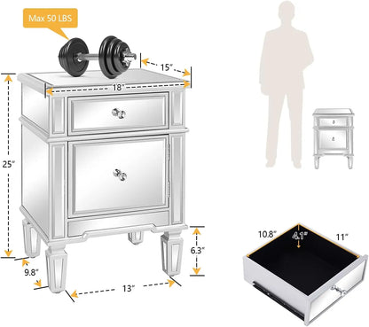 Ensemble de 2 tables de chevet en miroir Table d'appoint en verre avec tiroir pour chambre à coucher