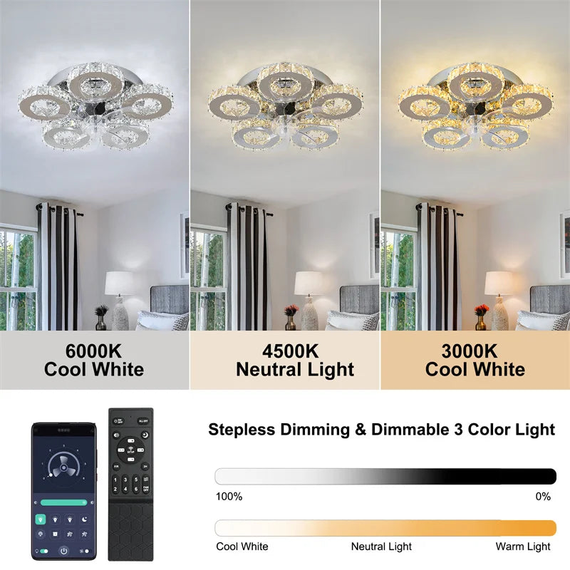 Crystal 5-Ring Fan Light Living Room Ceiling Light Stainless Steel Fixture Fandelier Plafon Fan Lamps Luminaire Led Chandelier