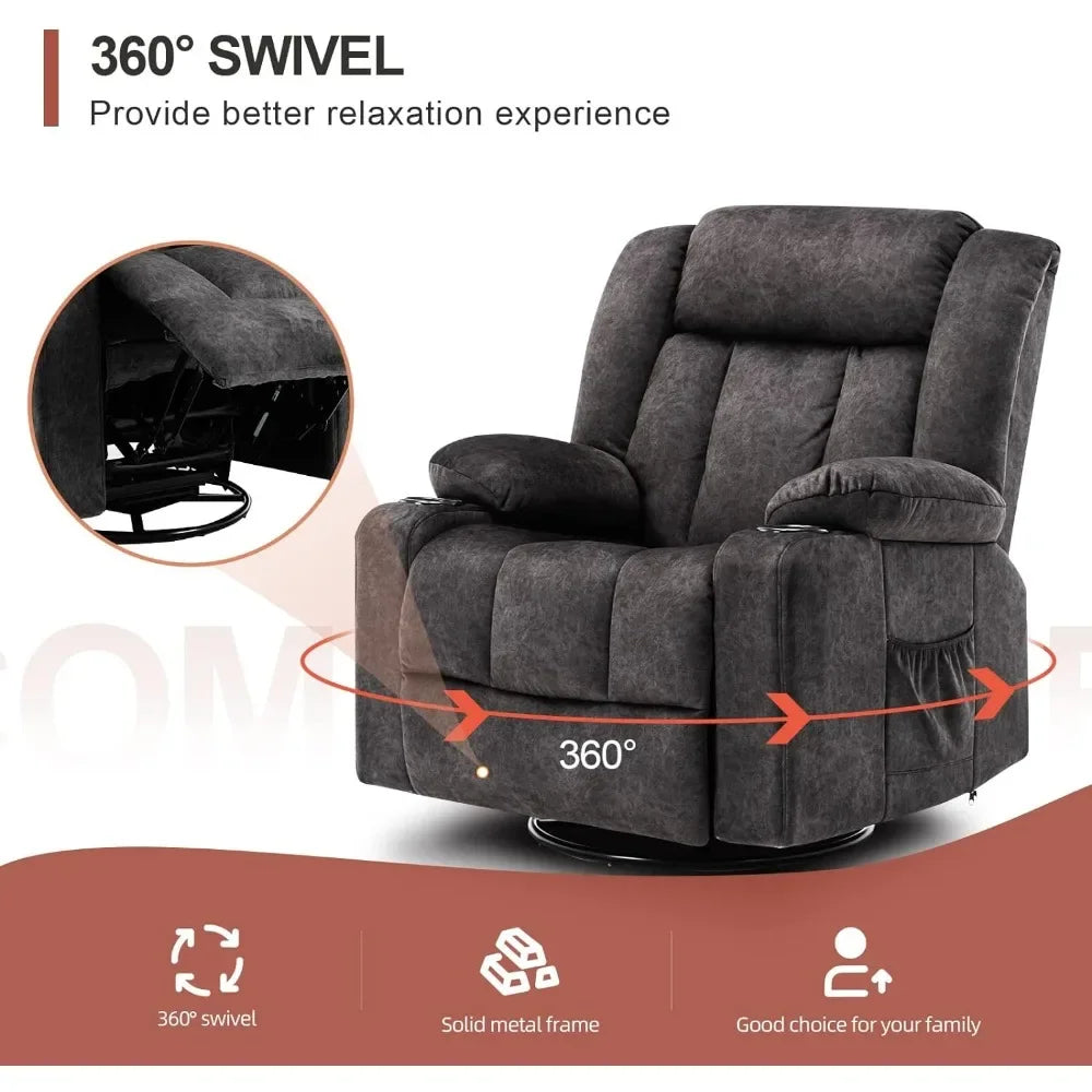 Recliner Chair Massage Rocker with Heated 360 Degree Swivel Lazy Boy Recliner Single Sofa Seat with Cup Holders for Living Room