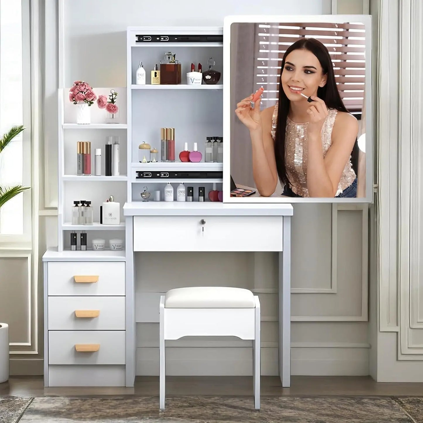 Coiffeuse, table de maquillage avec miroir, tabouret, unité de rangement à 4 tiroirs et 3 étagères, coiffeuse blanche pour meubles de chambre à coucher