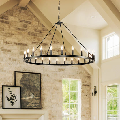 24-Light Wagon Wheel Chandelier Round Matte 54 inch Modern Rustic Farmhouse Pendant Light Large Chandeliers for Living Room