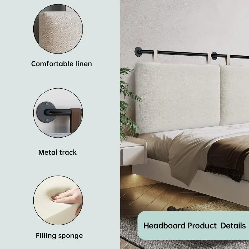 Cabecero de cama King Cabecero de cama montado en la pared King para cama con tapizado de lino y cabecero colgante con botones para dormitorio (beige,