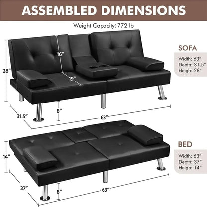 Sofá cama ajustable Sofá cama doble Sofá cama plegable Cama de invitados, portavasos, Cama Sillón moderno de cuero artificial