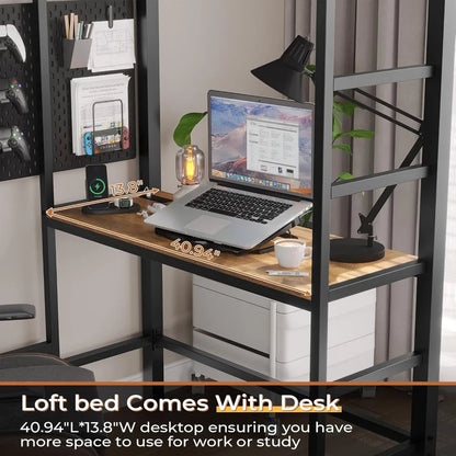 Twin Size Loft Bed with Desk and Led Lights Junior Loft Bed with Charging Station & Storage Shelves and Drawers Twin Metal Bed