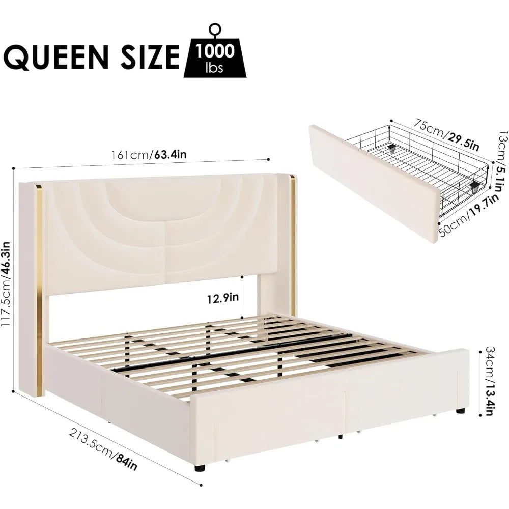 Marco de cama Queen con LED y 2 cajones de almacenamiento de madera maciza, soporte de listones de madera maciza, no necesita somier, marco de cama Queen