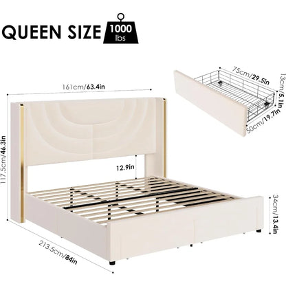 Marco de cama Queen con LED y 2 cajones de almacenamiento de madera maciza, soporte de listones de madera maciza, no necesita somier, marco de cama Queen