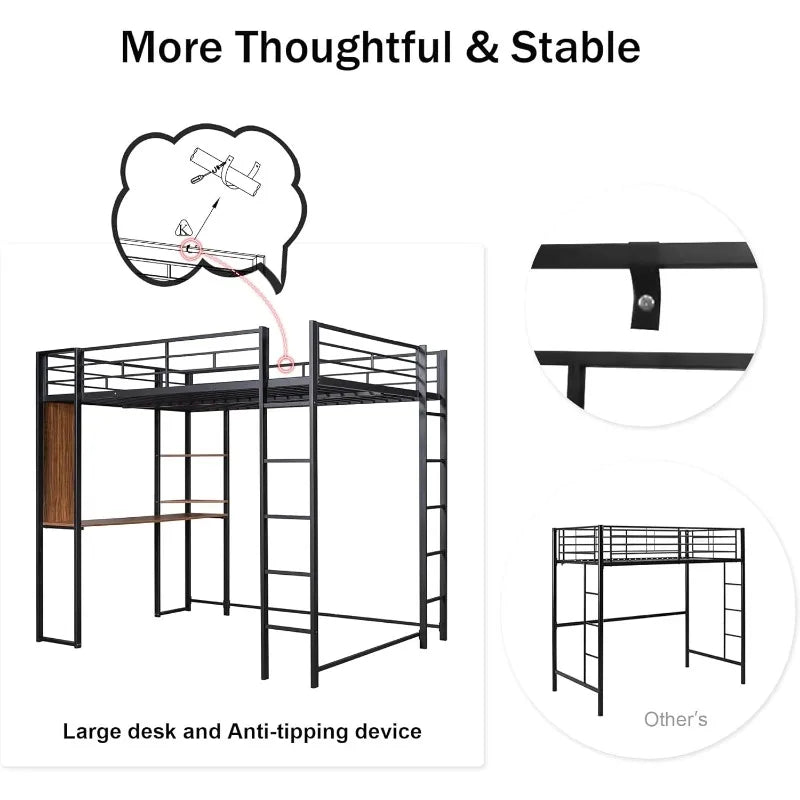 Metal bunk loft bed with 2 bookshelves and 1 desk, loft bed frame with 2 built-in ladders, no noise, no springs required