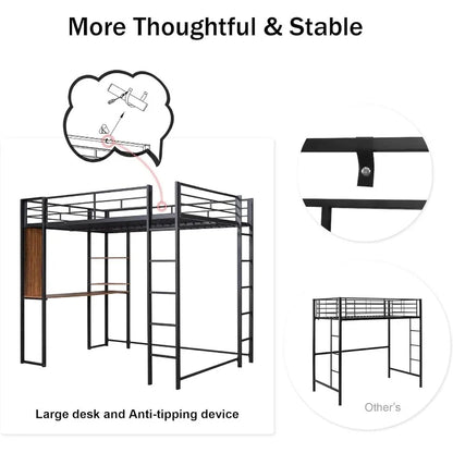 Metal bunk loft bed with 2 bookshelves and 1 desk, loft bed frame with 2 built-in ladders, no noise, no springs required