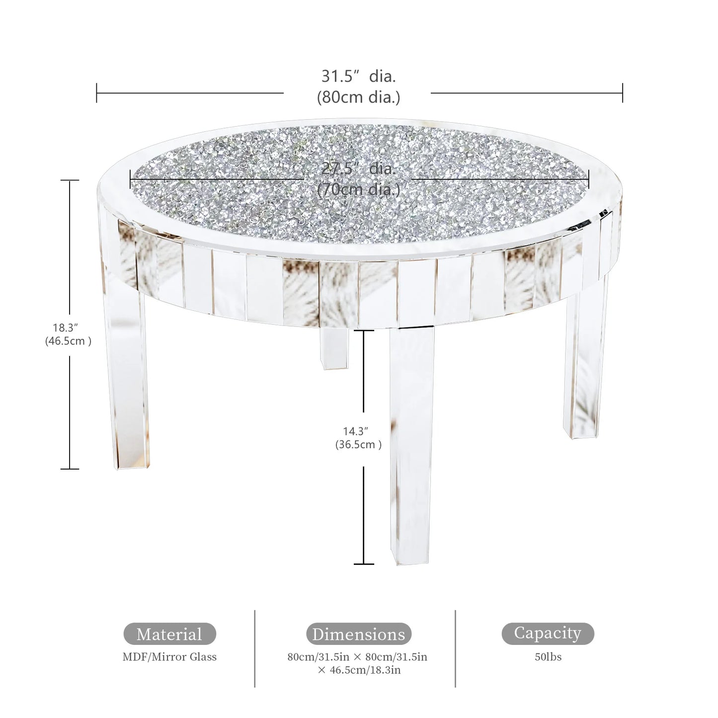 Mirrored Coffee Table with Crystal Inlay, 31.5'' Modern Round Coffee Table with Mirror Surface, Silver Accent Table Living Room