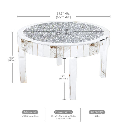 Mirrored Coffee Table with Crystal Inlay, 31.5'' Modern Round Coffee Table with Mirror Surface, Silver Accent Table Living Room