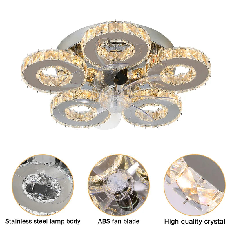 Crystal 5-Ring Fan Light Living Room Ceiling Light Stainless Steel Fixture Fandelier Plafon Fan Lamps Luminaire Led Chandelier