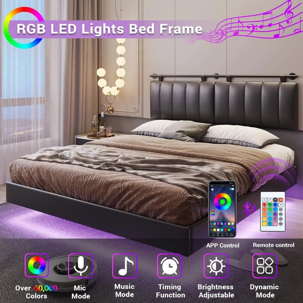 Queen Floating Bed Frame, w/ LED Lights and Wall Mounted Headboard Platform Bed Frame, Queen Size Upholstered Platform Bed Frame