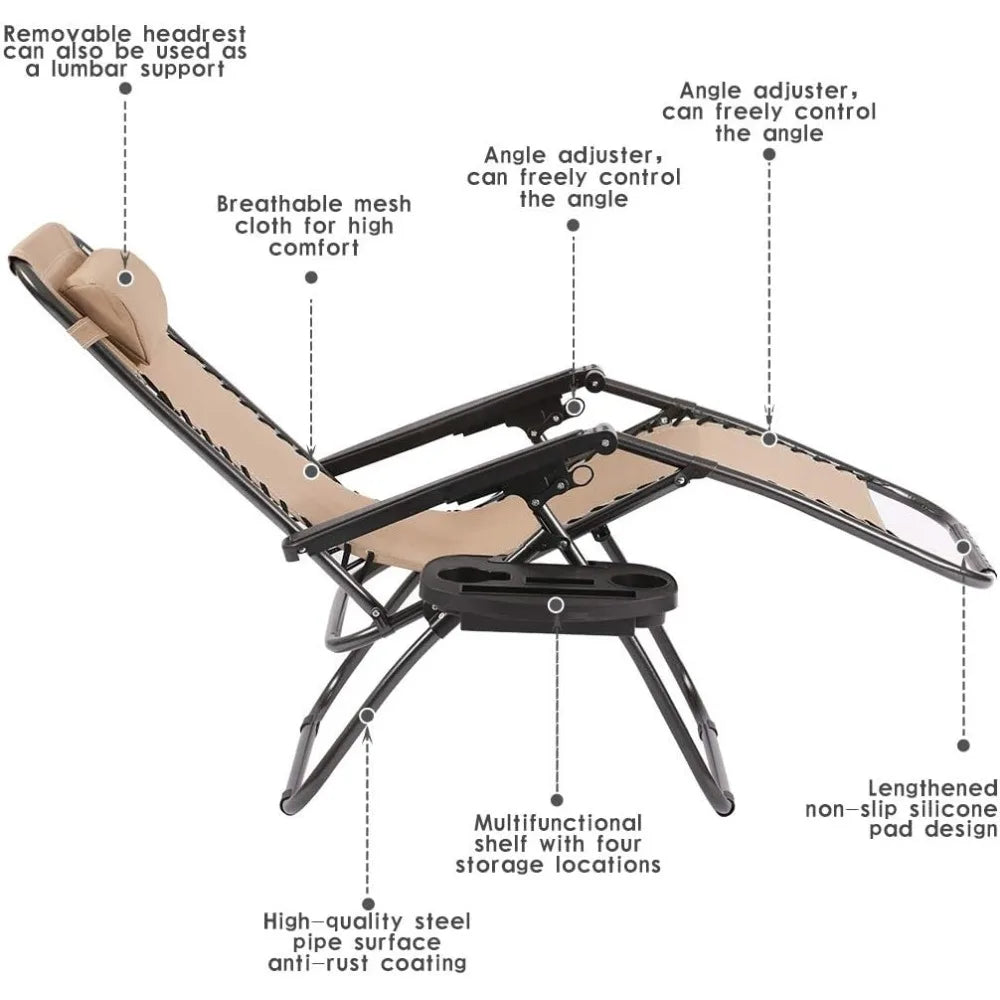 Set of 2 Zero Gravity Chairs Lounge Chair with Pillow and Cup Holder Patio Outdoor Adjustable Dining Reclining Folding Chair